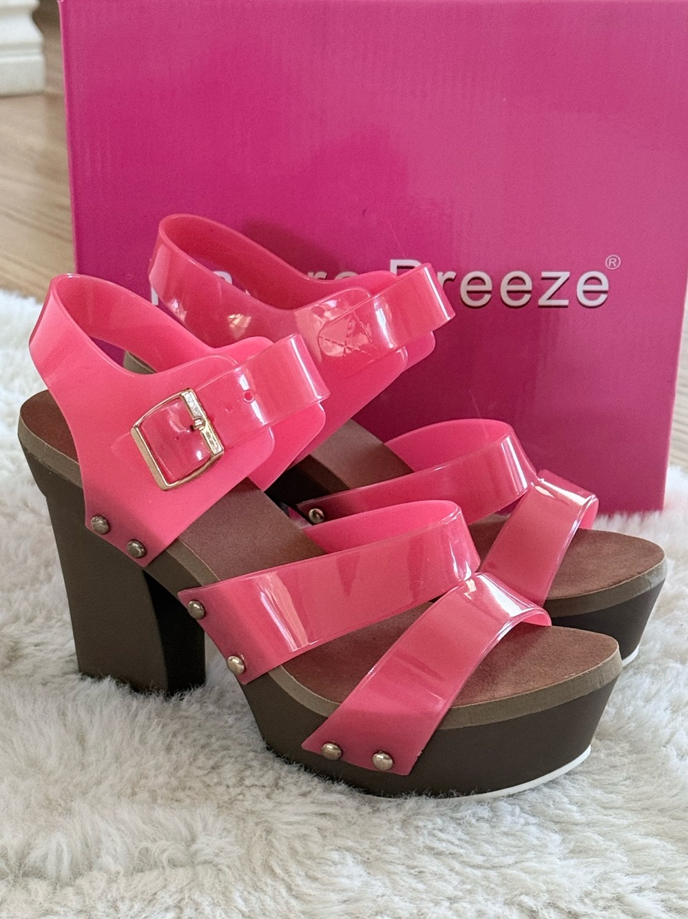 NATURE BREEZE Neon Coral Chunky Heel Jelly Platform Sandals - New